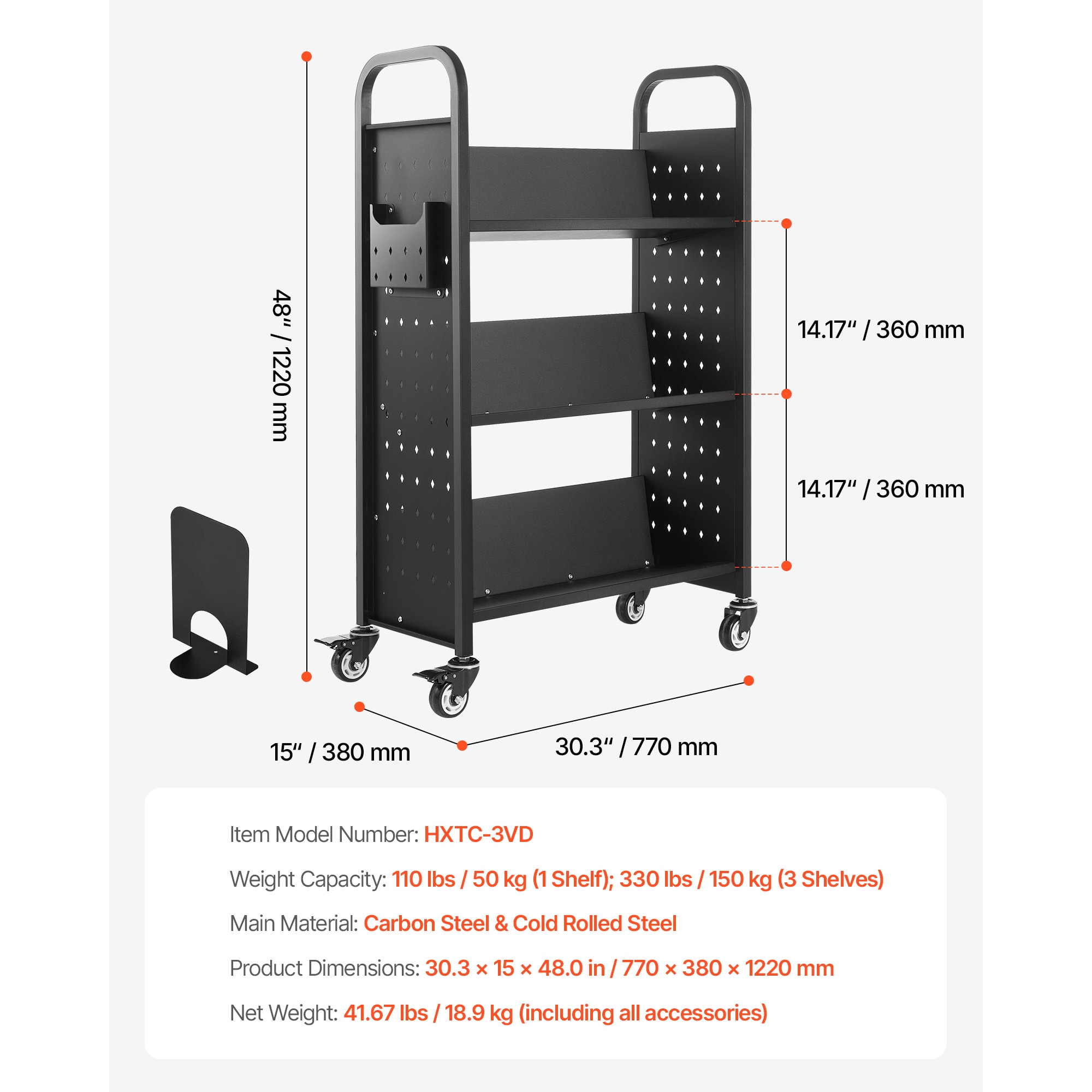 3-tier Rolling Book Cart With V-shaped Shelves In Black_voghion.com